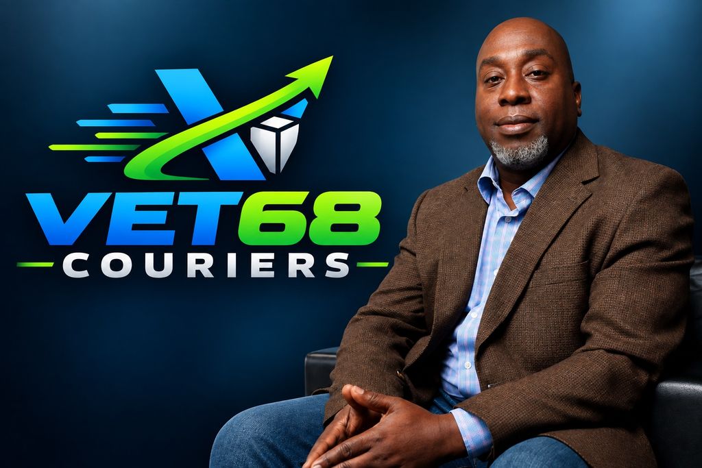 The owner and operator of VET68 Couriers seated in front of the VET68 Couriers logo